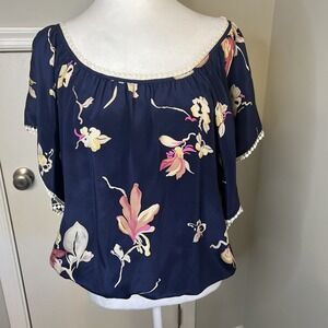 Yumi‎ Kim Navy Blue 100% Silk Floral Flutter Sleeve Bubble Hem Blouse Medium